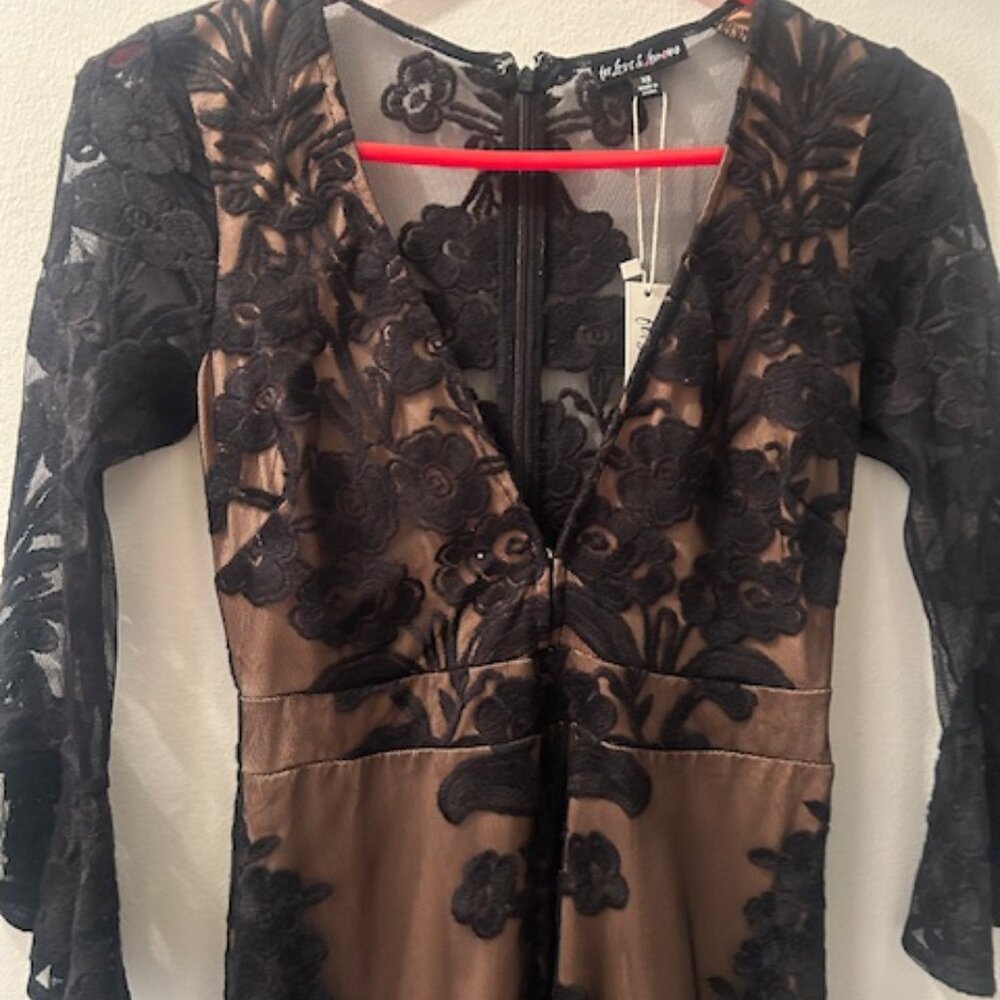 For Love & Lemons Temecula Lace Embroidered V Neck Lush Black/Nude Mini Dress